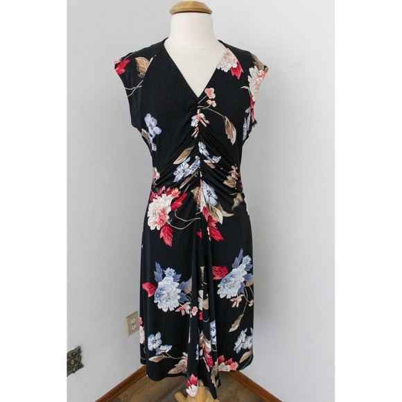 White House Black Market Dress Large LP Petite Black Floral Midi Ruched Jersey - Picture 1 of 8